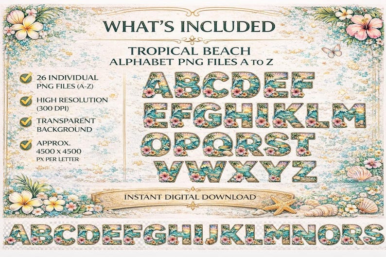 Tropical Beach Alphabet PNG Bundle | Summer Ocean Floral Letters ...
