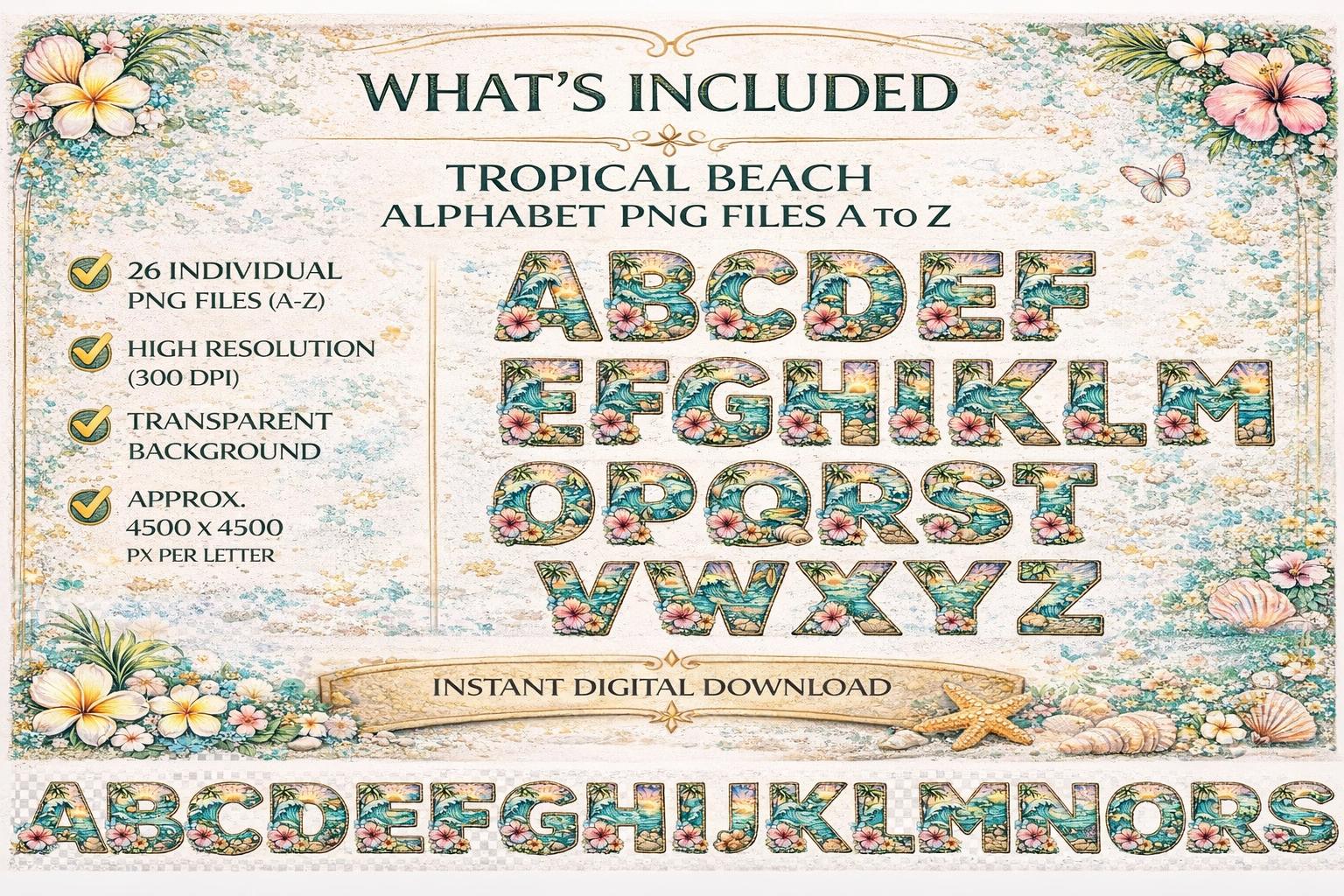 Tropical Beach Alphabet PNG Bundle | Summer Ocean Floral Letters ...