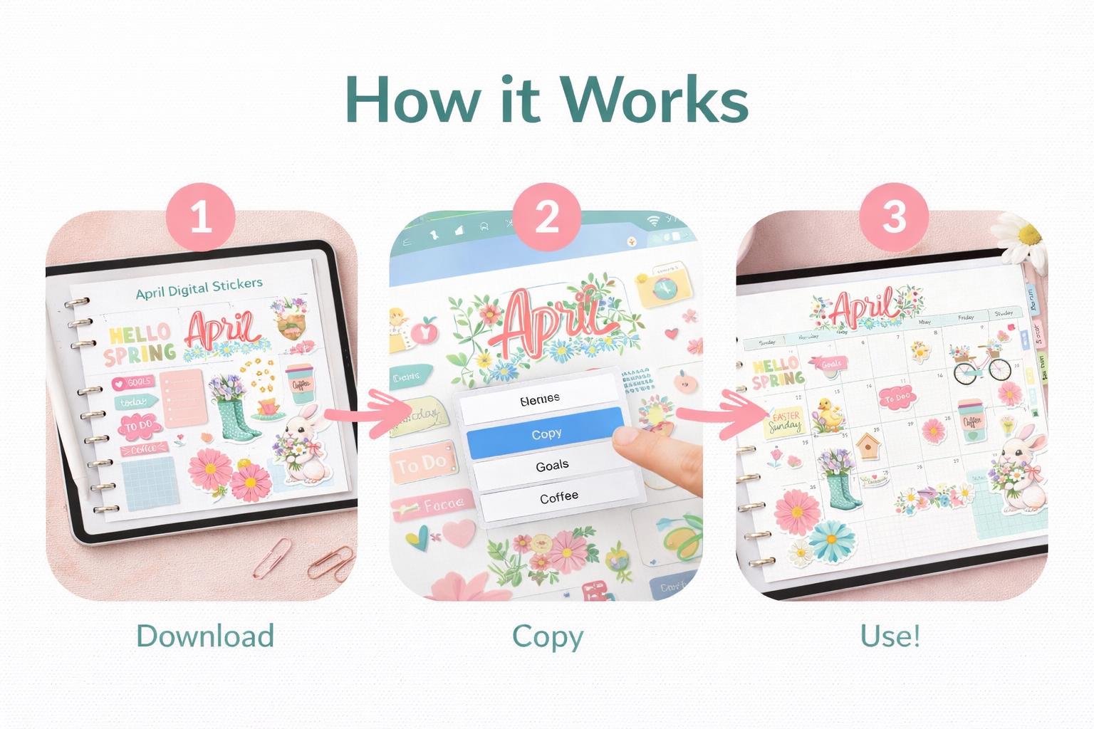 April Digital Planner Stickers | Spring Floral PNG Elements (digital ...
