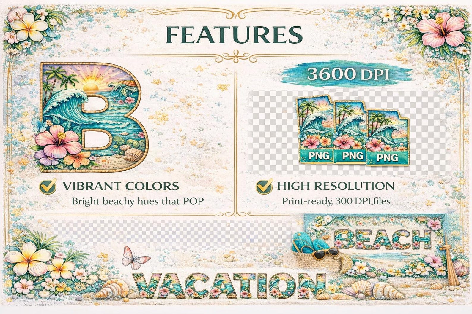 Tropical Beach Alphabet PNG Bundle | Summer Ocean Floral Letters ...