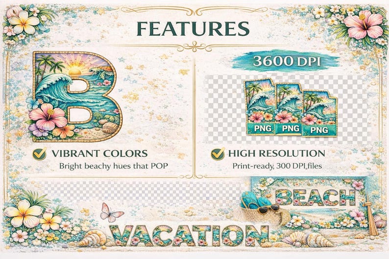 Tropical Beach Alphabet PNG Bundle | Summer Ocean Floral Letters ...