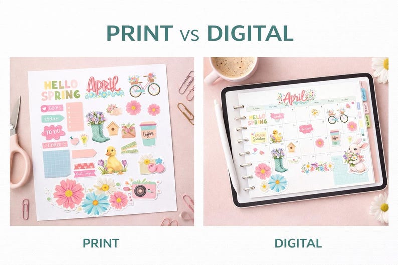 April Digital Planner Stickers | Spring Floral PNG Elements (digital ...