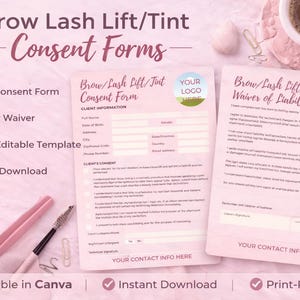 Peut inclure: Formulaires de consentement roses pour les services de rehaussement/teinture des sourcils et des cils. Les formulaires comprennent un formulaire de consentement du client et une décharge de responsabilité. L'image montre également une pince à épiler, une brosse à mascara et une tasse de café.