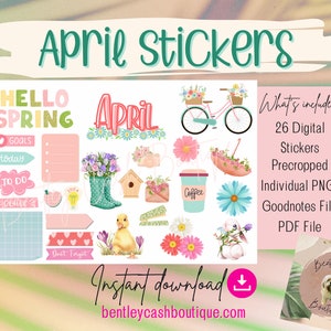 April Spring Digital Planner Stickers Goodnotes Stickers PNG PDF Digital Stickers Pre-Cropped