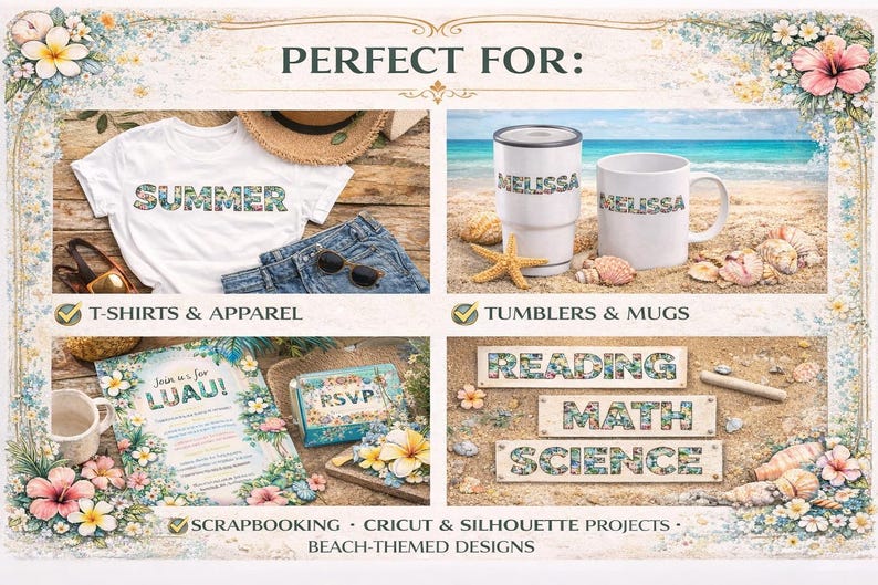 Tropical Beach Alphabet PNG Bundle | Summer Ocean Floral Letters ...