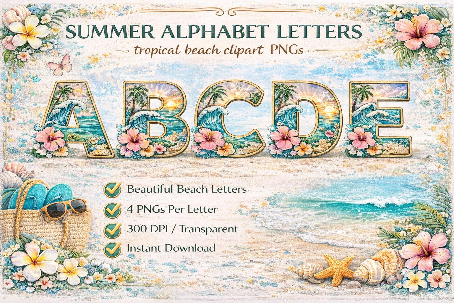 Tropical Beach Alphabet PNG Bundle | Summer Ocean Floral Letters ...