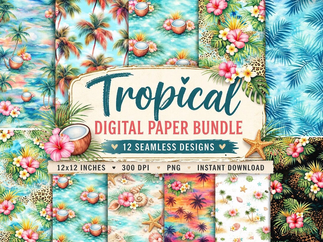 Tropical Digital Paper Bundle | Coastal Cowgirl Beach Floral Patterns ...