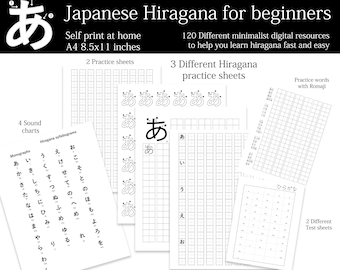 May include: Printable Japanese Hiragana practice sheets for beginners. Includes 4 sound charts, 2 practice sheets, 3 practice sheets with the character 'a', and 2 test sheets.  The sheets are designed to help you learn Hiragana fast and easy.