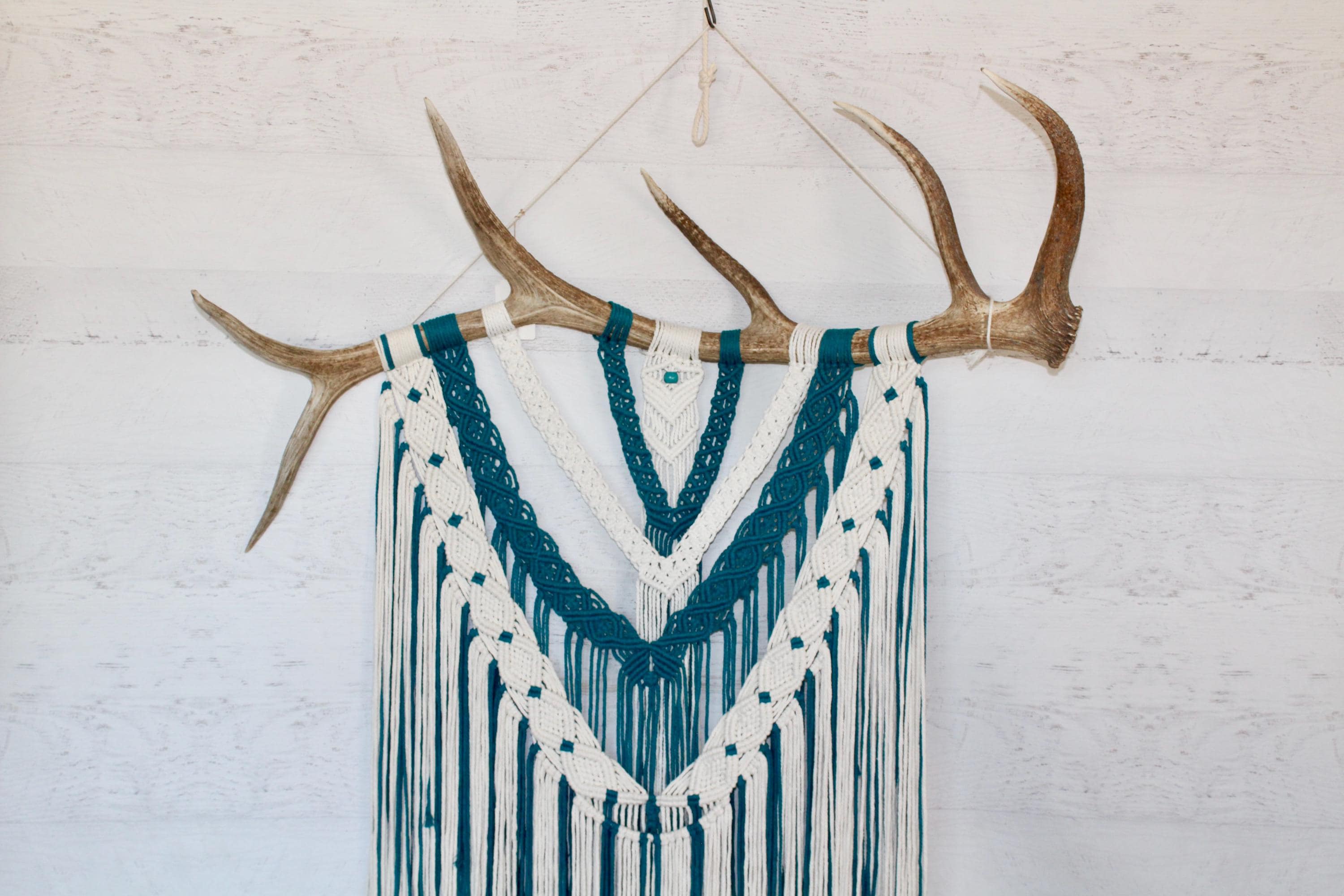 Large Macrame wall hanging, elk antler wall decor, natural and teal wall hanging