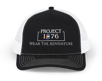 Project 1876 Embroidered Trucker Cap, Adventure Snapback Hat, Outdoor Traveler Gift, Vintage Style Baseball Cap