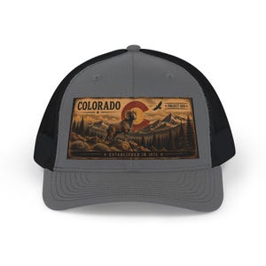 Colorado Big Horned Sheep on Mountain Sunset patch Snapback Cap | Vintage Rocky Mountains, Outdoor Camper Hat