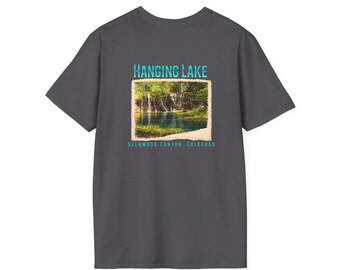 Hanging Lake Tee Shirt, Unisex Softstyle T-Shirt, Mountain Nature Lover Gift, Outdoor Hiking Shirt, Adventure Apparel, Graphic Tee Shirt