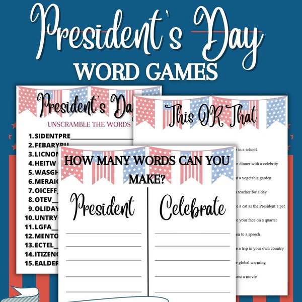 President's Day Game Bundle, Fun Party Games, Word Games, Teacher, Activities for Kids & Adults, Printable, Holiday Party Fun Digital Files