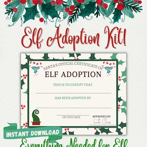Elf Adoption Kit, Elf Holiday Kits, Elf Adoption Certificate, Printable, Elf Adoption Letter, Christmas Elf Certificate of Adoption, Digital