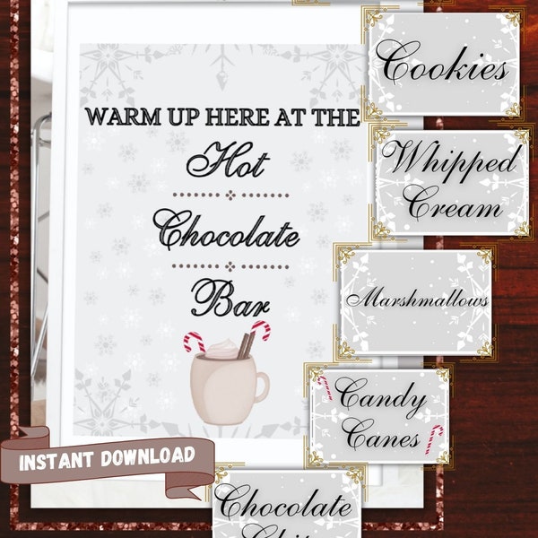 Hot Chocolate Bar Sign, Party Sign, Digital, Hot Chocolate Sign, Hot Cocoa Bar, Printable Kit, Labels, Tags, Hot Chocolate Party, Bar Decor
