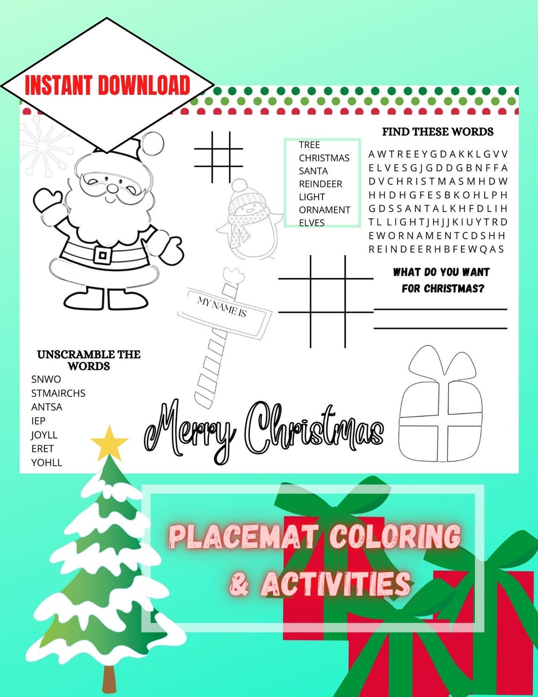 Holiday Placemat Activity Digital Files, Christmas Fun for Kids, Color and Write Activity