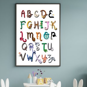 Alfabeto Póster Imprimible Arte de pared ABC Póster Alfabeto Imprimir Niños Arte de pared Guardería Sala de juegos Arte de pared Impresión digital Animal ABC Póster