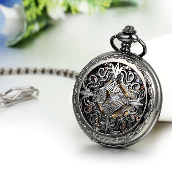 Mechanical pocket watch, Vintage Skeleton Automatic Mechanical Pocket Watch Roman Numerals Dial Steampunk