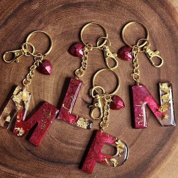 Personalized Custom Handmade Resin Letter Gold / Rose Red Keychain, initial Keyring, Gift for Her, Bridesmaid Gift, Birthday, Wedding Gift