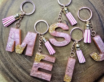 Personalized Handmade Resin Letter Rose Gold / Pink Birthday Keychain, initial Keyring, Gift for Her, Bridesmaid Gift, Wedding Gift
