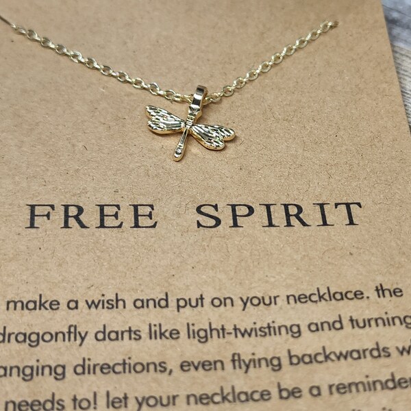 Special Dragonfly "Free Spirit" Necklace - Gold-color Pendant Charm Necklace for Healing, spirituality, Creativity Woman, Girls, Make a Wish