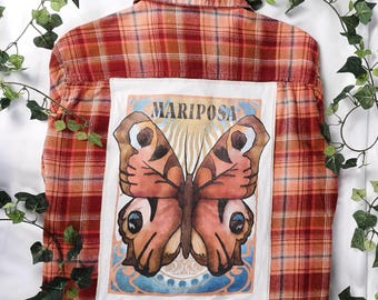 Mariposa Butterfly upcycled flannel shirt, Women's M