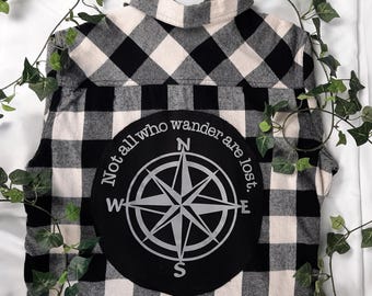 Not All Who Wander Are Lost upcycled flannel shirt, Women's XL