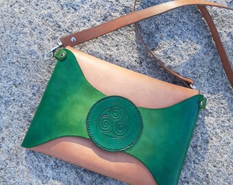Celtic Swirl leather clutch purse, green and light brown with tooled detail