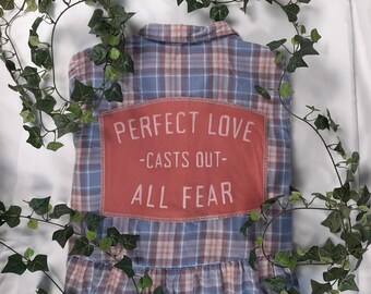 Perfect Love Casts Out All Fear upcycled flannel peplum shirt, Women's XL