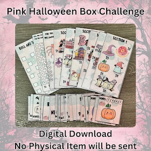 May include: A set of pink and white Halloween cards featuring spooky illustrations of ghosts, pumpkins, and witches' hats. The text "Pink Halloween Box Challenge" is at the top. The words "Digital Download" and "No Physical Item will be sent" are at the bottom.
