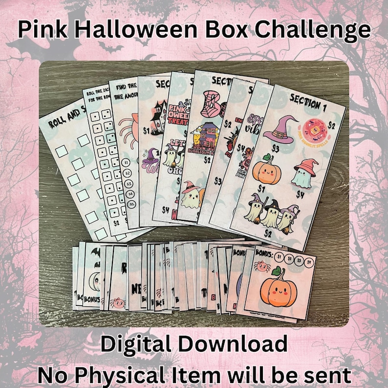 May include: A set of pink and white Halloween cards featuring spooky illustrations of ghosts, pumpkins, and witches' hats. The text "Pink Halloween Box Challenge" is at the top. The words "Digital Download" and "No Physical Item will be sent" are at the bottom.
