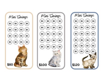 May include: Three printable mini savings charts featuring a cat illustration on each. The charts are labelled "Mini Savings" and have 16 circles with the number "£5" written inside each circle. The first chart has a brown tabby cat, the second chart has a grey and white cat, and the third chart has a Siamese cat. The charts are labelled with the total amount of savings: £80, £100, and £120.