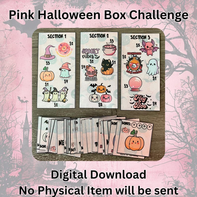 May include: A digital download of a "Pink Halloween Box Challenge" game. The image shows cards with Halloween illustrations, such as pumpkins, ghosts, bats, and witch hats. The text "Digital Download" and "No Physical Item will be sent" are also visible.