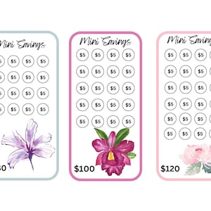 Può includere: Tre grafici colorati di monitoraggio del risparmio con disegni floreali. Ogni grafico ha un'illustrazione floreale diversa e un importo totale di risparmio diverso. I grafici sono etichettati "Mini Savings" e hanno cerchi per monitorare incrementi di 5 €.