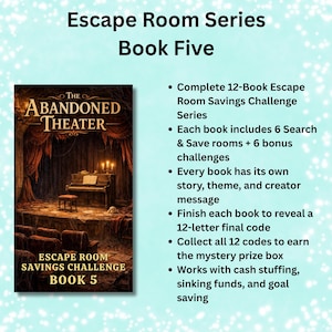 May include: Book cover for "Escape Room Series Book Five" featuring "The Abandoned Theater." The cover depicts a theater stage with a piano and candles. Text on the cover reads "Escape Room Savings Challenge Book 5."