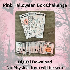 May include: A set of Halloween game cards with the title "Pink Halloween Box Challenge." The cards display spider and pumpkin illustrations, dice, and the text "Roll and Save." The words "Digital Download" are also visible on the image.