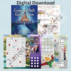 Può includere: Un download digitale con varie sfide di risparmio a tema Disney. L'immagine include un libretto di risparmio con un'illustrazione del castello, tabelloni di gioco e altri strumenti di pianificazione finanziaria. Il testo include "Everyday Magic Savings Book" e "25 Magical Savings Challenges".