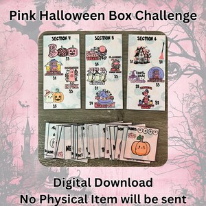 May include: A digital download for a Pink Halloween Box Challenge. The image shows cards with Halloween illustrations, such as pumpkins, ghosts, and witches. The text on the cards includes phrases like "Pink Halloween Treats" and "Wicked Pink."