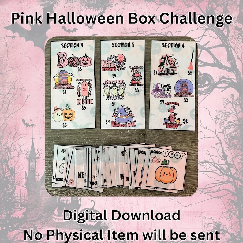 May include: A digital download for a Pink Halloween Box Challenge. The image shows cards with Halloween illustrations, such as pumpkins, ghosts, and witches. The text on the cards includes phrases like "Pink Halloween Treats" and "Wicked Pink."