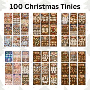 May include: A collection of 100 Christmas Tinies scratch-off cards arranged in a grid. Each card features festive holiday illustrations, including Santa, reindeer, ornaments, and winter scenes, with numbered scratch-off circles for countdown activities.