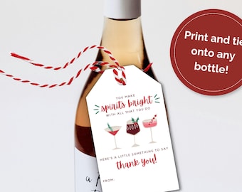 Printable Holiday Bottle Gift Tag, Wine Cocktail Tag, Teacher Appreciation, Coworker Gift, Secret Santa