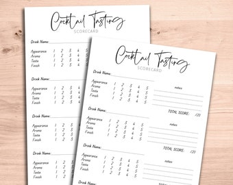 May include: A printable cocktail tasting scorecard with a black and white design. The scorecard has sections for drink name, appearance, aroma, taste, and finish. Each section has a rating scale from 1 to 5. There is also a section for notes and a total score out of 20.