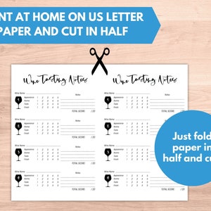 May include: Printable wine tasting notes sheet with four sections for rating wine appearance, aroma, taste, and finish. Each section has a scale of 1 to 5. The sheet is designed to be printed on US letter paper and cut in half.