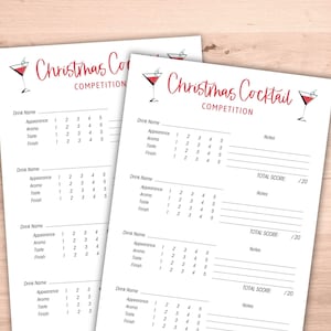 Scheda di degustazione stampabile per la competizione di cocktail natalizi, scheda di valutazione per la degustazione di bevande, gioco di bevute per feste di Natale - Download digitale istantaneo