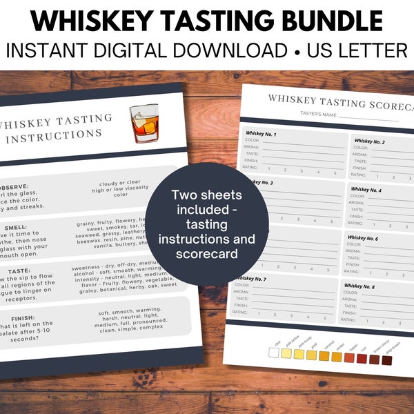Printable Whiskey Tasting Scorecard and Instructions - Instant Digital Download