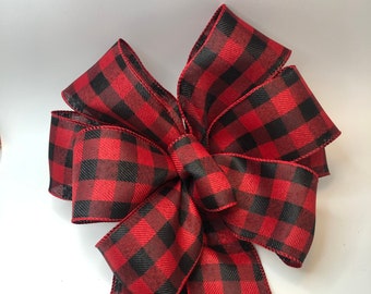 Christmas Wreath Bow, Lantern Bow, Red & Black Buffalo Plaid,  Hand Tied Premium Bow, Holiday Wreath Bow, Wreath Bow