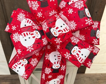 Snowman bow, red Christmas bow, red and white snowman wreath bow, Christmas wreath bow, snowman lantern bow, snowman ribbon, winter bow