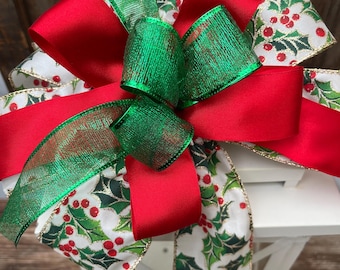 Christmas Holly Wreath Bow, Christmas gift package bow, Lantern Bow Holly,  Bow Hand Made Christmas Bow