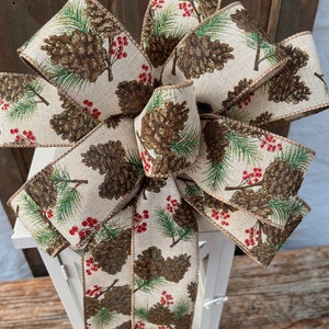 pine cones and red berries Bow, pine tree and cones bow, pine cones wreath bow, pine cones lantern bow, Christmas gold bow