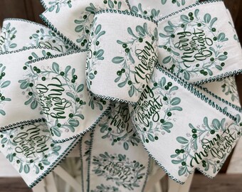 Christmas green eucalyptus bow, Merry and Bright bow,  Christmas bow, Christmas wreath bow, Christmas lantern bow,